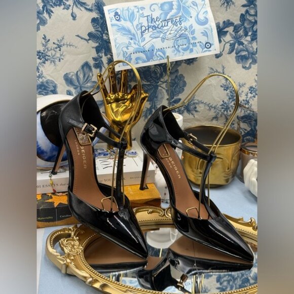 🆕 KURT GEIGER LONDON 🧿 NWOB Brixton Lock T Bar Court Heels, Black Patent, Sz 7 - Picture 3 of 16
